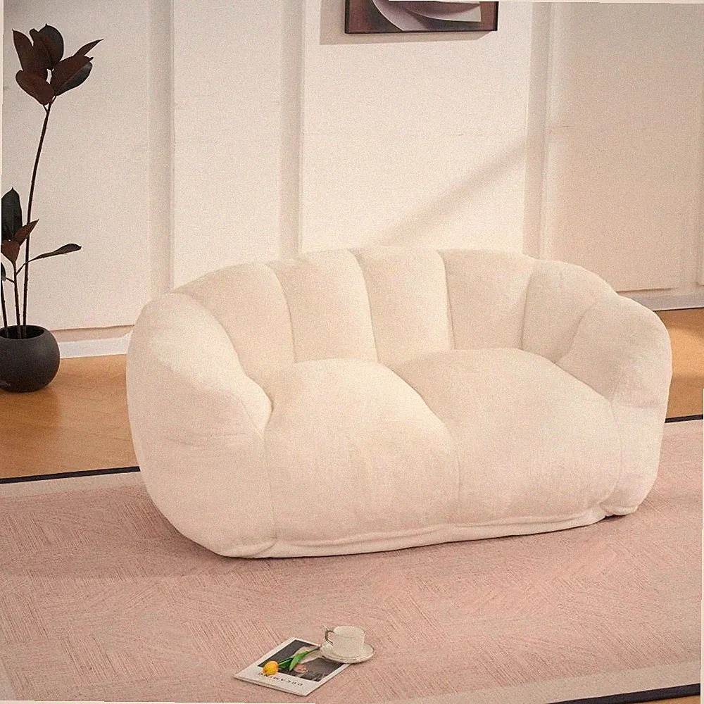 Beige Faux Fur Two Seater Floor Lazy Sofa Fluffy Bean Bag Loveseat for Adults