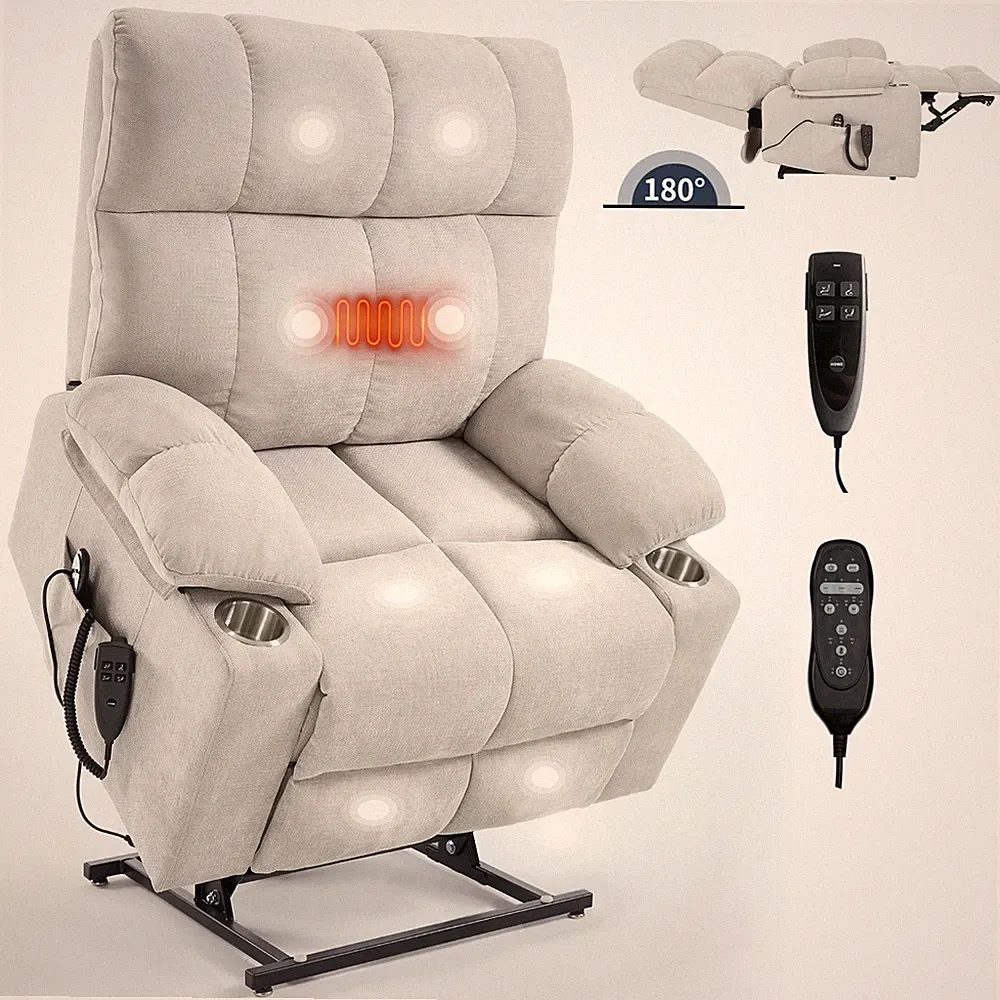 Dual Motor Lay Flat Massage Heated Power Lift Recliner Chair for Elderly Big Man