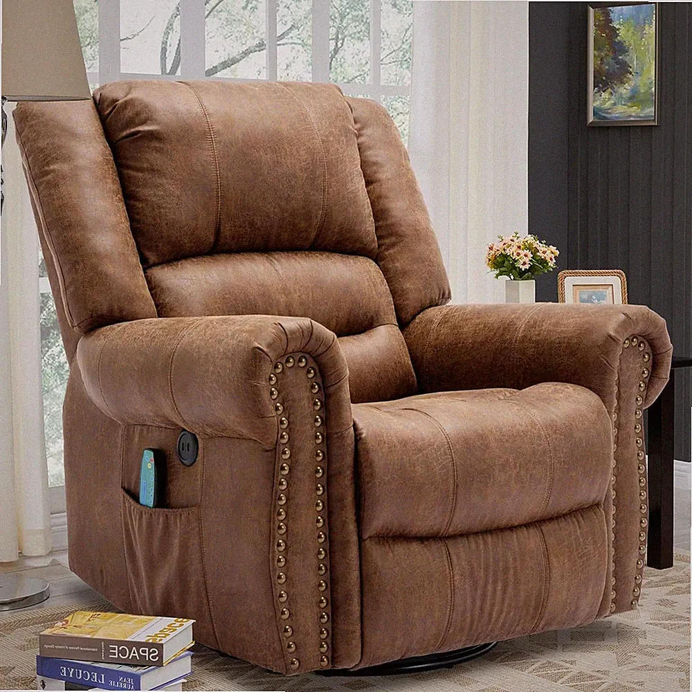 Manual Swivel Glider Rocker Recliner Chair for Living Room w/ Massage and Heat